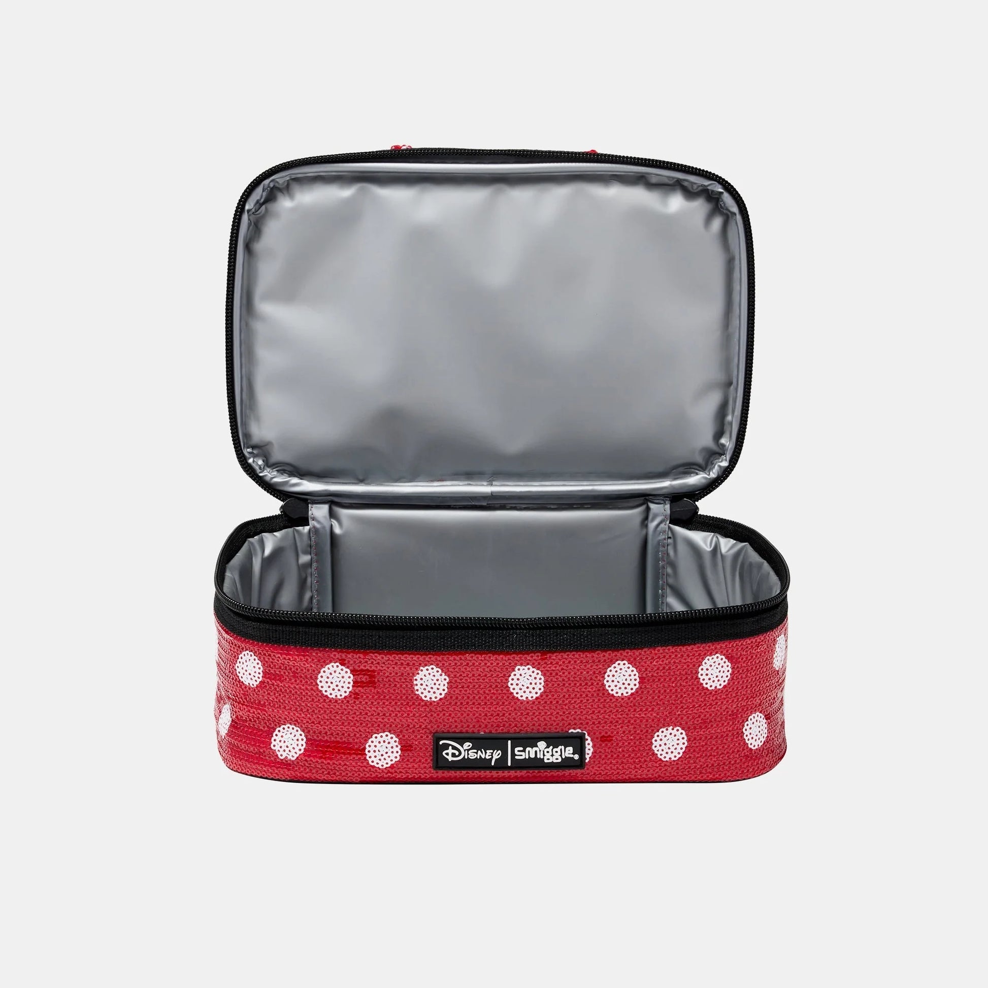 Open red polka-dot lunch bag with gray lining and black zip closure