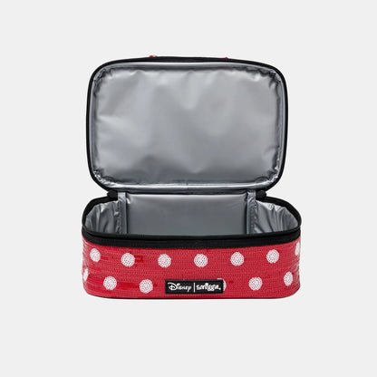 Open red polka-dot lunch bag with gray lining and black zip closure
