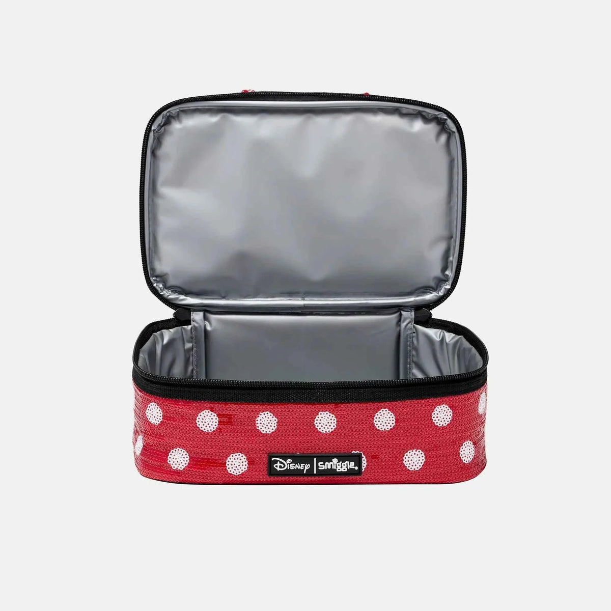 Lunch bag open top with gray lining and red polka-dot outer panel