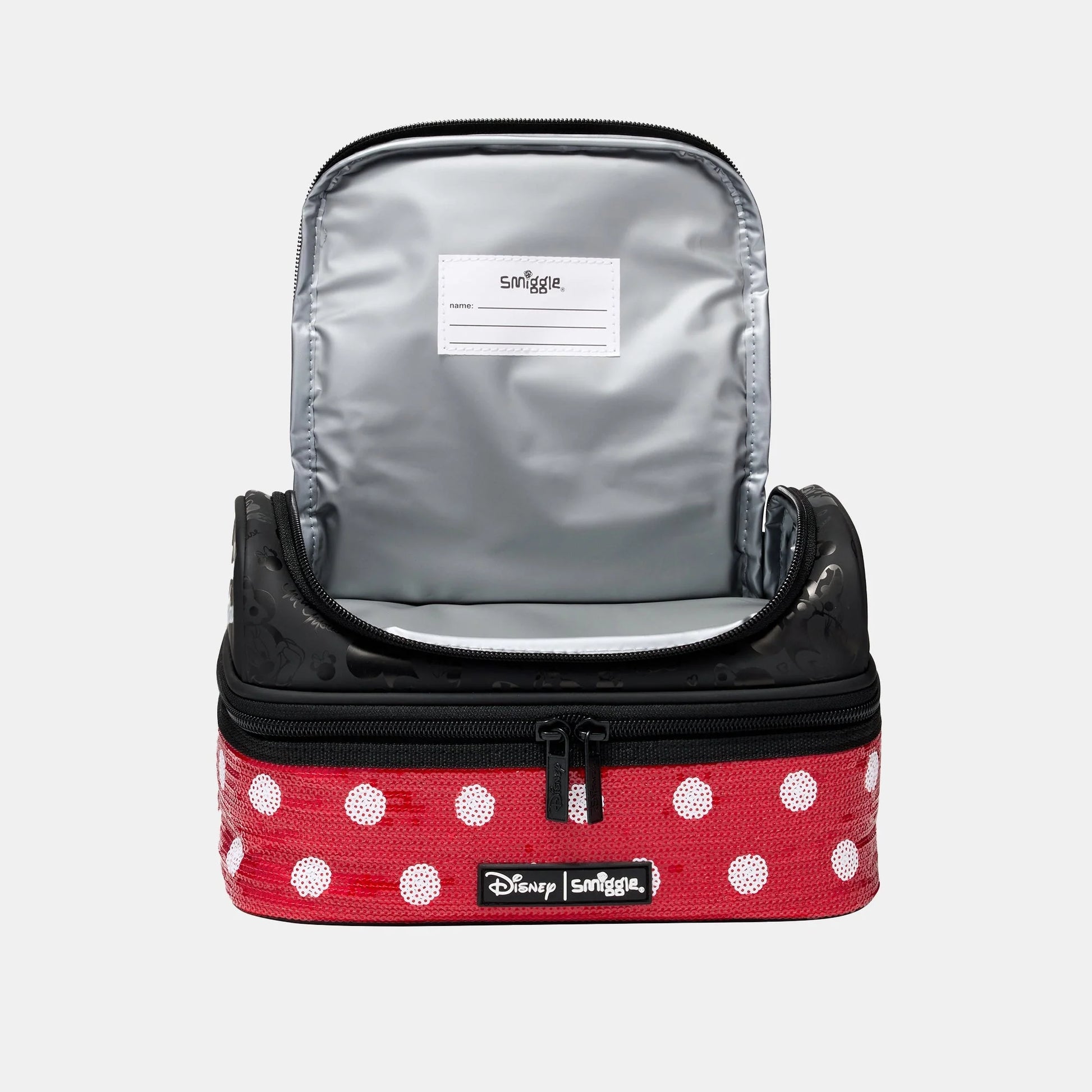 Gray-lined red polka-dot lunch bag with black zipper and Disney Smiggle label