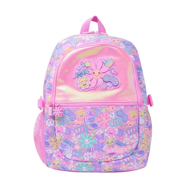 Smiggle 17-inch backpack, pink with colorful smiley character print and front panel