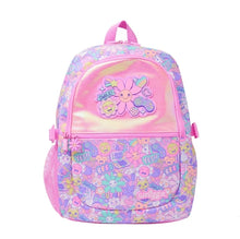 Smiggle 17-inch backpack, pink with colorful smiley character print and front panel