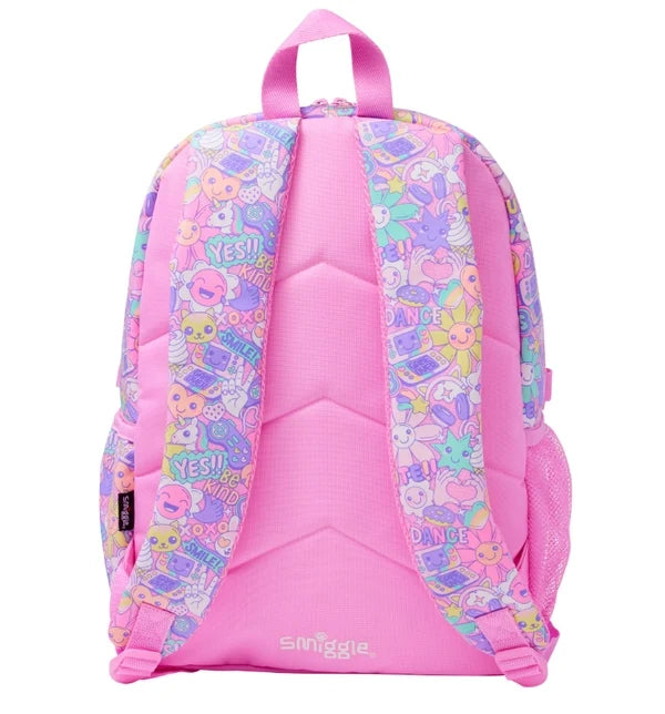 Smiggle 17-inch backpack with padded back and adjustable straps, pink and purple smiley print