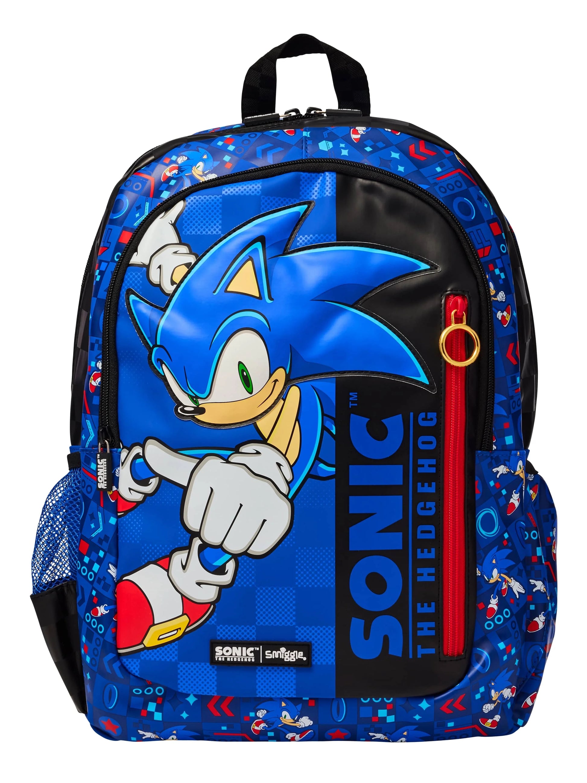 Smiggle Sonic 17-inch backpack, blue with Sonic graphic and front zip pocket