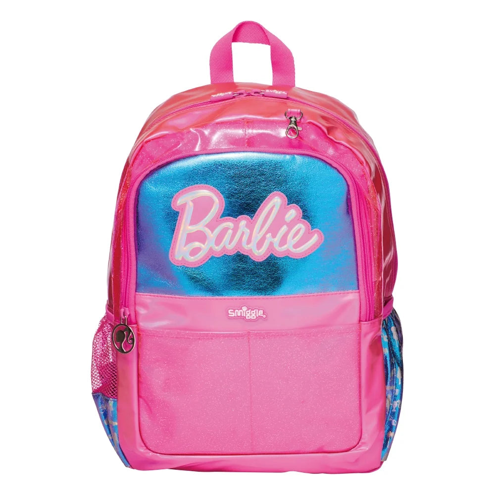 Smiggle 17-inch Barbie backpack, pink with blue front panel and Barbie logo