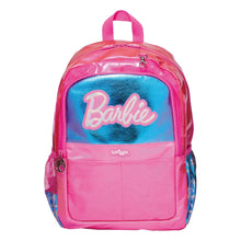 Smiggle 17-inch Barbie backpack, pink with blue front panel and Barbie logo