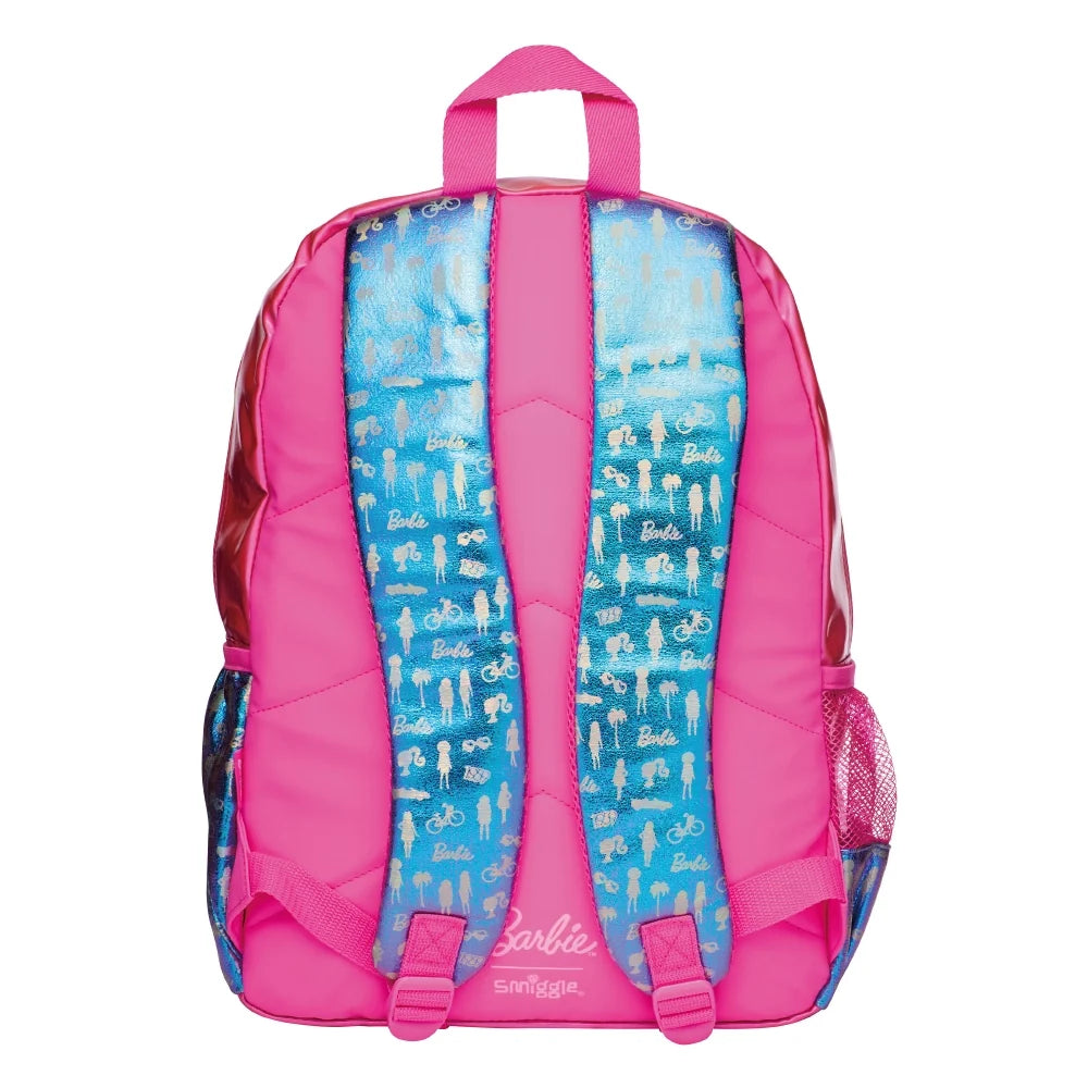 Smiggle 17-inch Barbie backpack, pink with blue patterned back and adjustable straps
