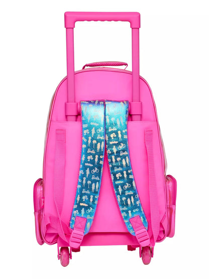 Pink Smiggle wheeled trolley backpack, rear view with straps and Barbie print