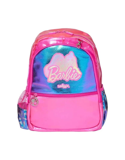 Pink 14 in backpack with teal front panel and Barbie logo, zipper and top handle