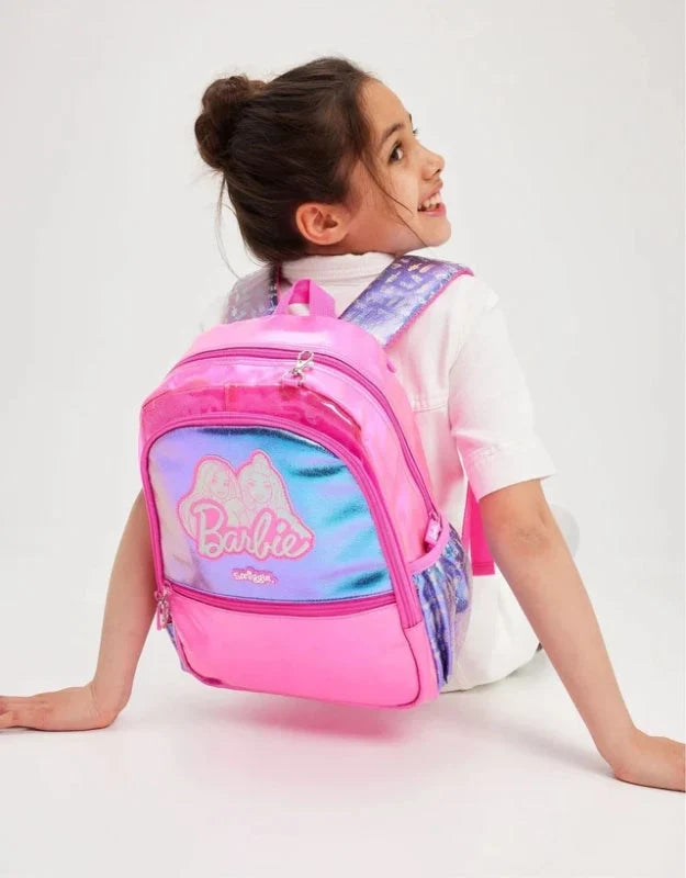 Pink 14 in backpack with teal front pocket, Barbie logo, front zipper and shoulder straps