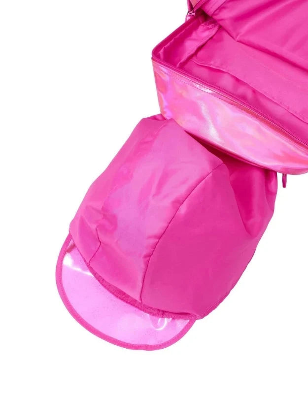 Pink padded backpack side with stitched panels, curved base, and zipper trim