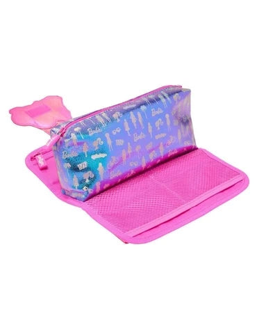 Smiggle Barbie pencil case open flat, showing blue patterned interior and pink lining