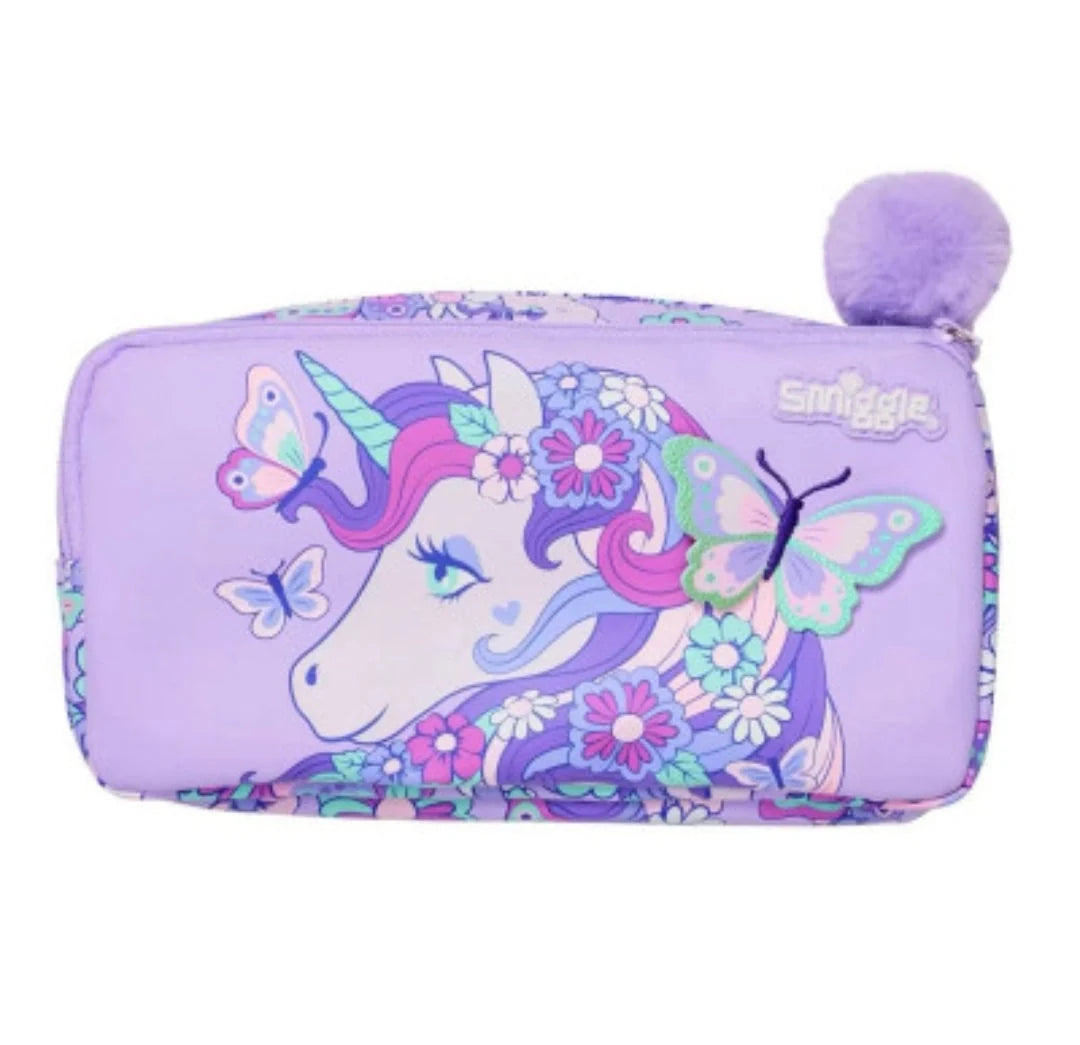 Smiggle unicorn floral pencil case, light purple with faux-fur pom and zip pouch