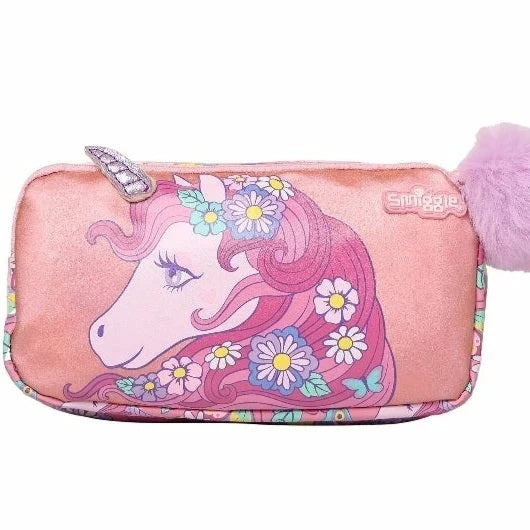 Smiggle unicorn floral pencil case, pink with faux-fur pom and zipper trim