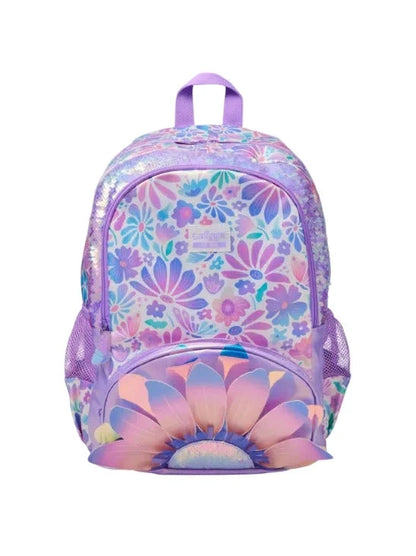 Purple 17-inch backpack with unicorn floral pattern, front pocket and zipper