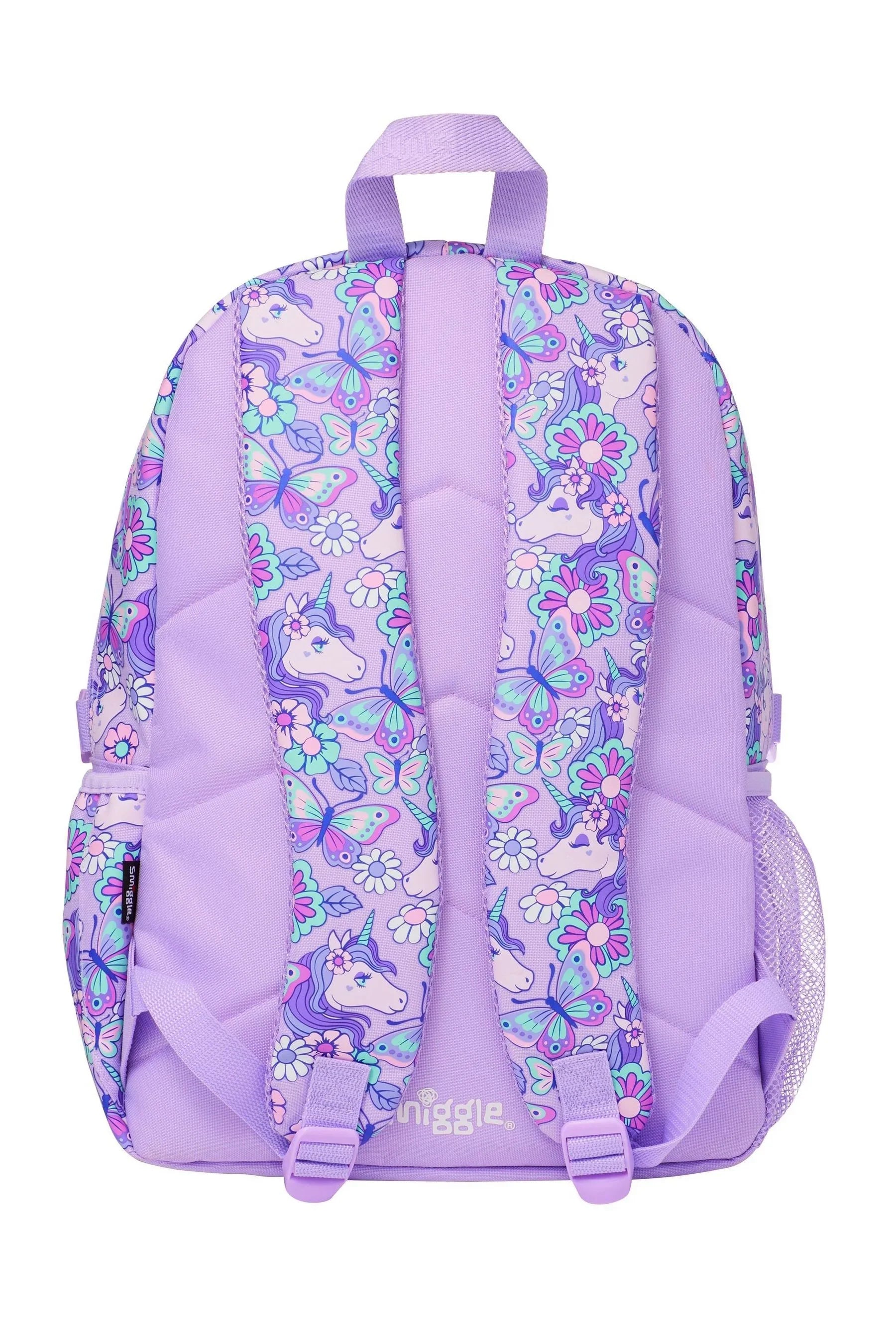 Purple 17-inch backpack back view with padded straps and unicorn floral panel