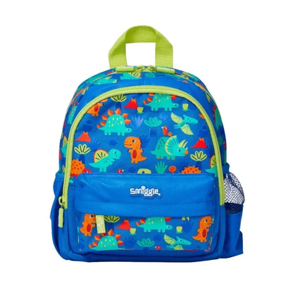 Smiggle 12-inch teeny tiny dinosaur backpack, blue with green trim and allover cartoon dinos