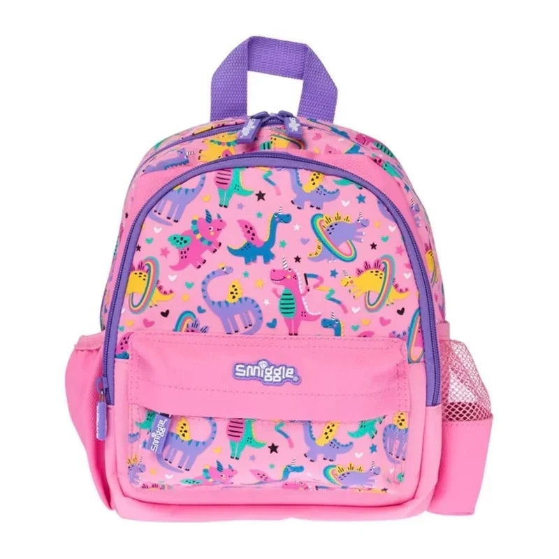 Smiggle 12-inch teeny tiny dinosaur backpack, pink with purple pattern and front zip pocket