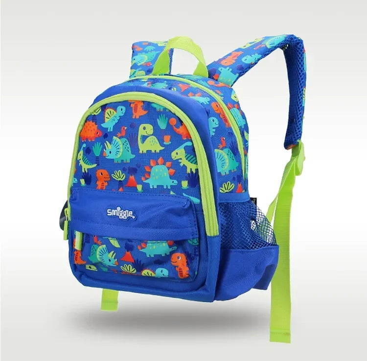 Smiggle 12-inch teeny tiny dinosaur backpack, blue with green trim, side mesh pocket