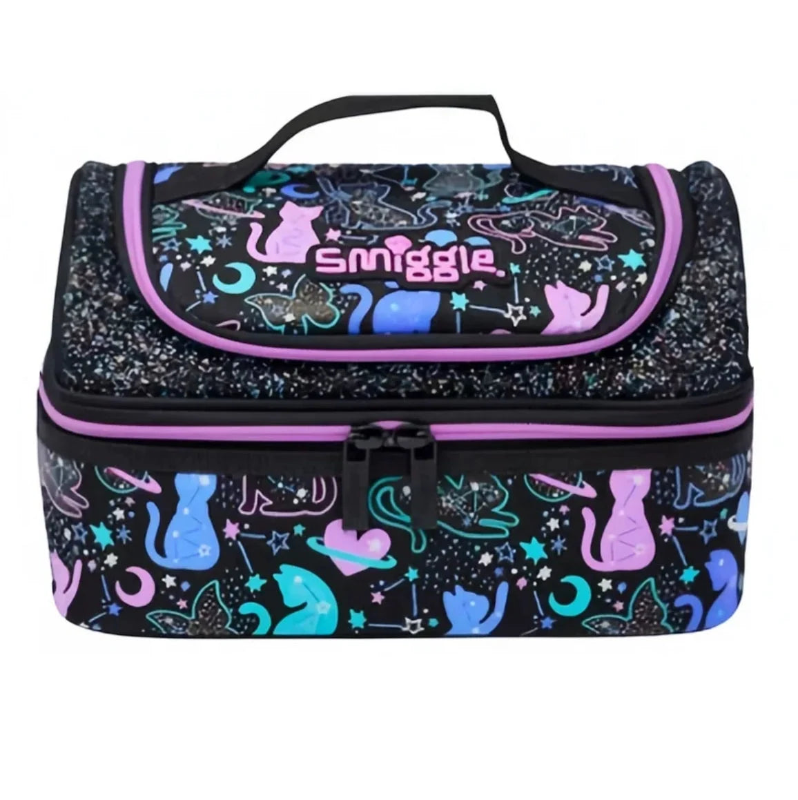 Cat print lunch bag with purple trim, zip top and handle