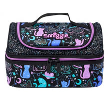 Cat print lunch bag with purple trim, zip top and handle