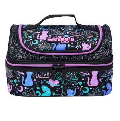 Cat print lunch bag with purple trim, zip top and handle