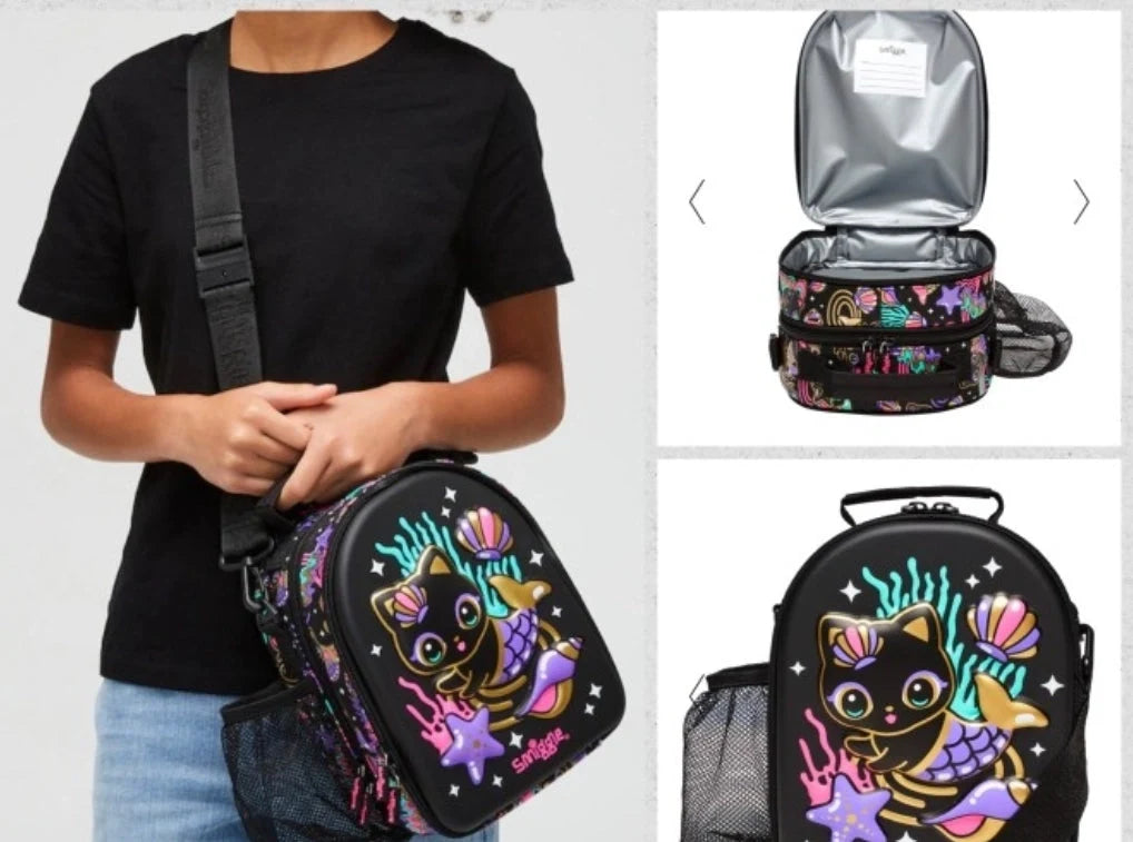 Cat print small crossbody lunch bag with purple trim and black shoulder strap