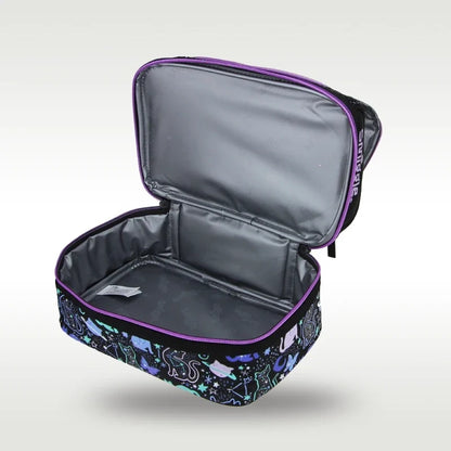 Lunch bag open view with gray insulated lining, purple zipper trim, cat pattern