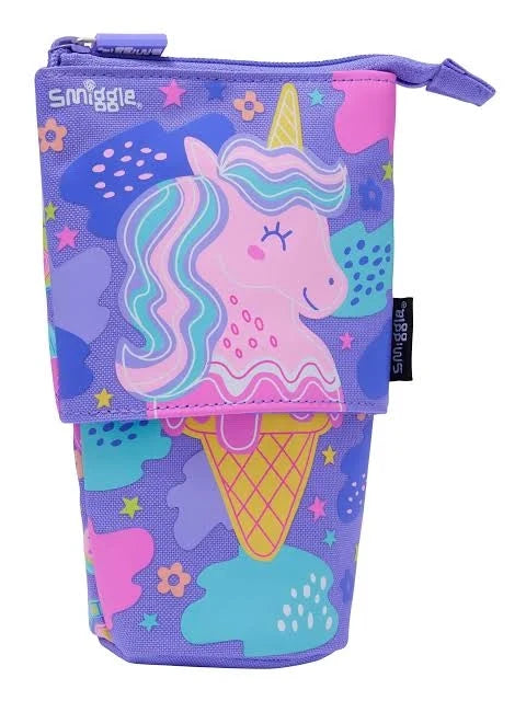 Smiggle pencil case in purple with unicorn and ice-cream graphic, zip top pouch