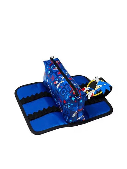 Smiggle Sonic pencil case open, blue interior with striped panel and zipper pocket