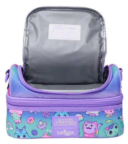Kids lunch bag with gray insulated lining, purple zip top, character pattern front pocket.