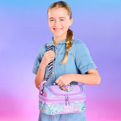 Kids lunch bag with character print, purple body, adjustable crossbody strap, front zipper.