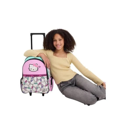 Hello Kitty trolley bag with purple body, patterned skirt and black pull handle