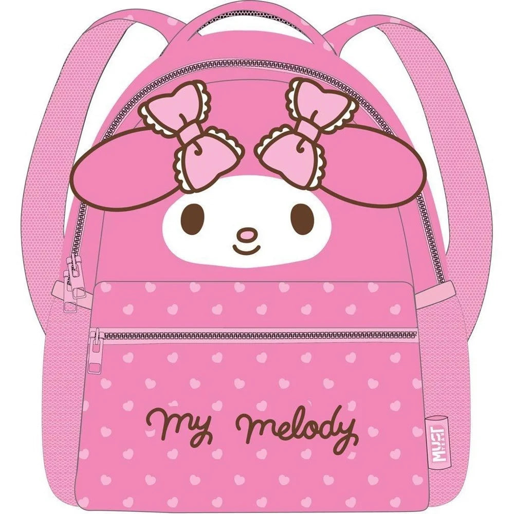 Preschool backpack My Melody ears, pink front with zipper pocket and cute face graphic