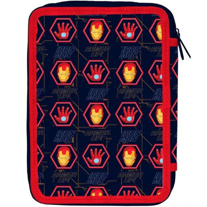 Double-decker pencil case with repeating Iron Man logos, red zipper edge, back view