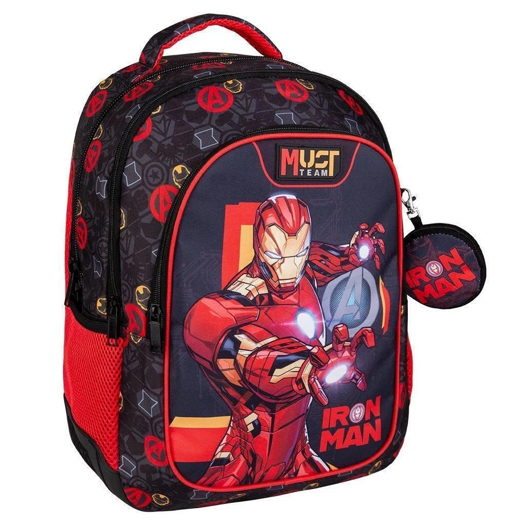 Primary school backpack with Iron Man graphic, red/black, 3 zip compartments