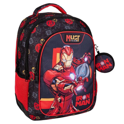 Primary school backpack with Iron Man graphic, red/black, 3 zip compartments