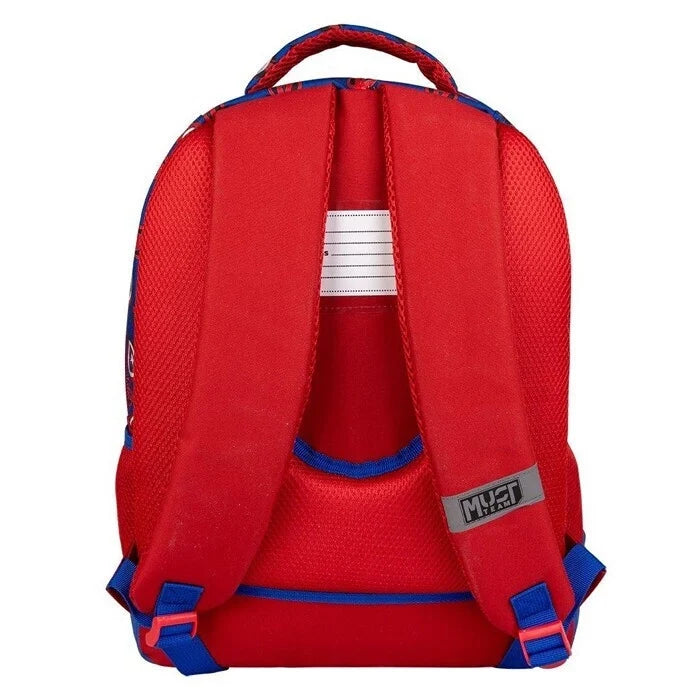 Kids school backpack back view, red padded straps and mesh back panel