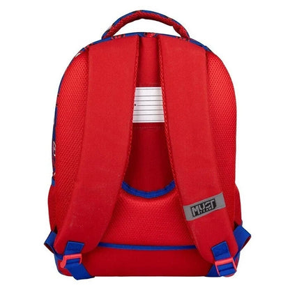 Kids school backpack back view, red padded straps and mesh back panel