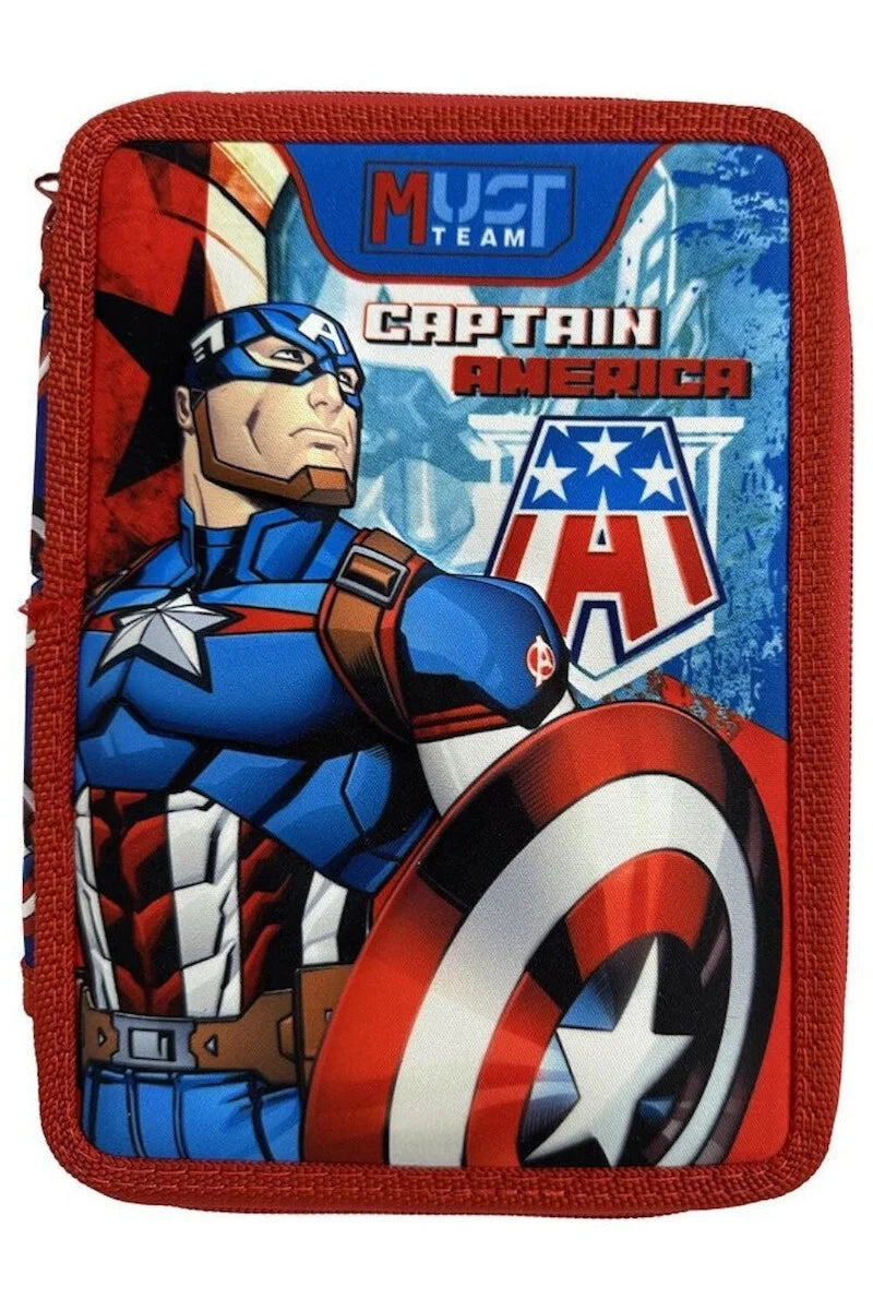 Double-decker Captain America Avengers pencil case, red/blue, 2 zip compartments