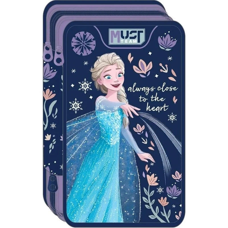 Triple decker pencil case with Elsa artwork, dark blue floral accents, zipper closure