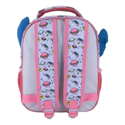 Kids backpack with pink trim, light purple body, and cartoon drink pattern
