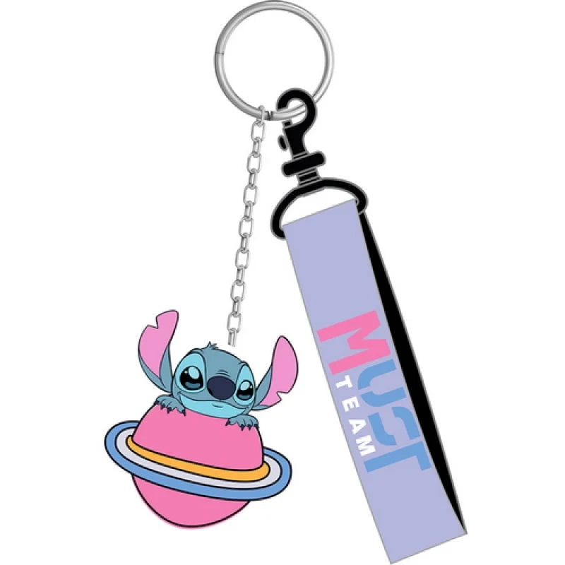 Stitch character keychain with metal ring and pink-and-blue tag