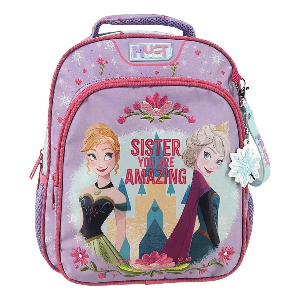Preschool purple backpack with pink trim, Frozen characters, SISTER AMAZING front panel.