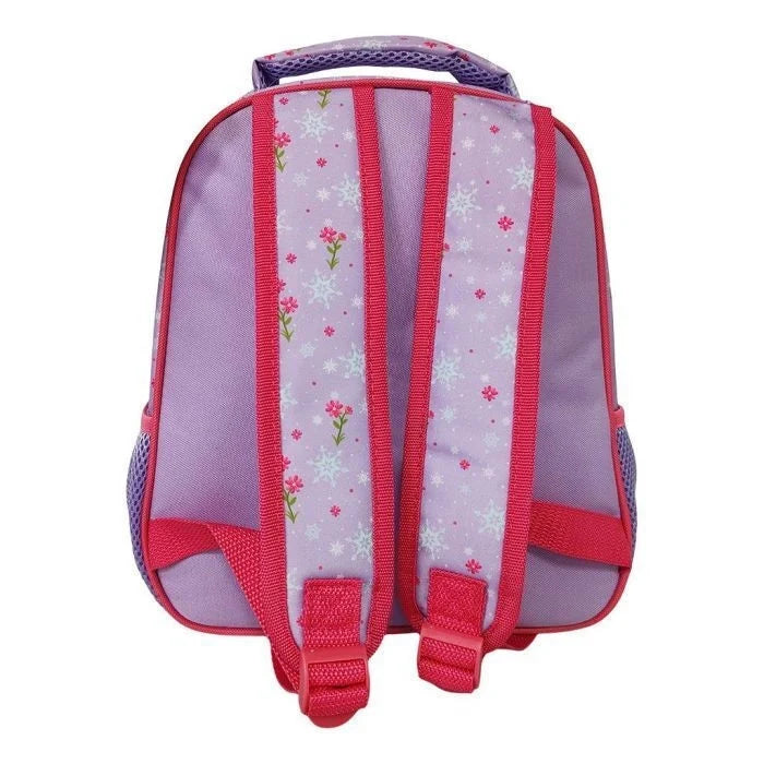 Preschool purple backpack back with pink padded straps and gray mesh center panel.