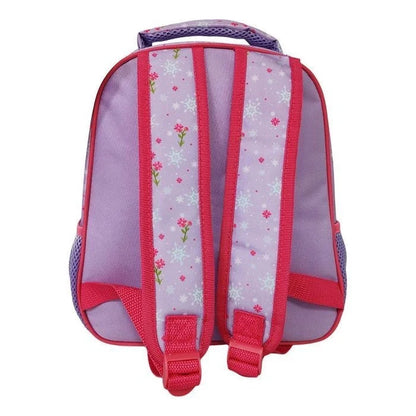 Preschool purple backpack back with pink padded straps and gray mesh center panel.