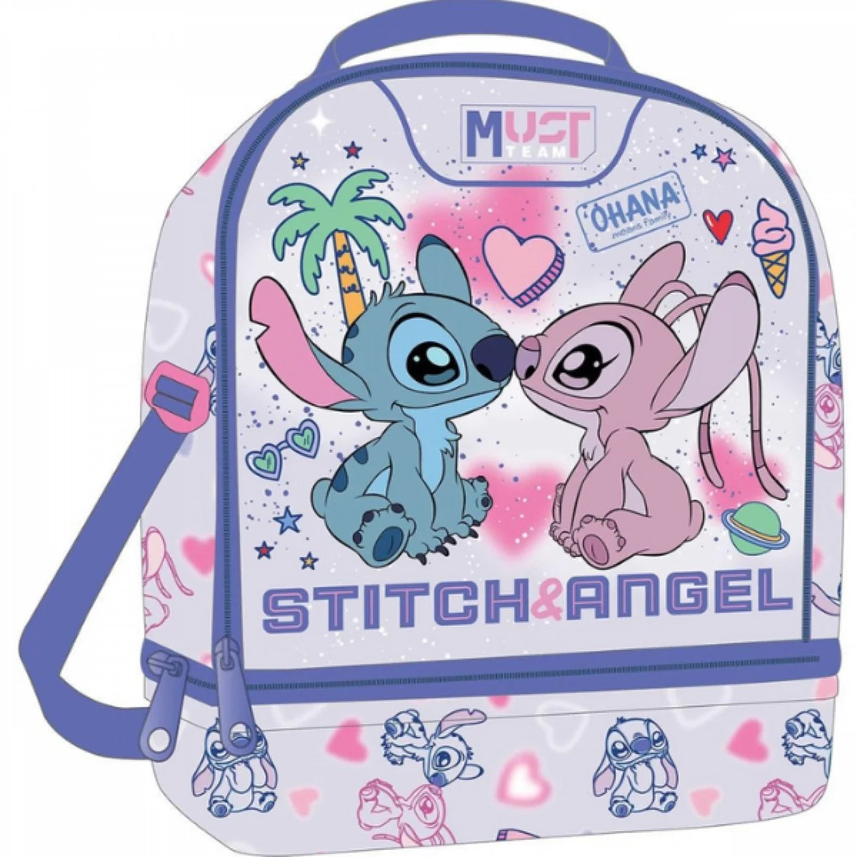 Insulated lunch bag with Stitch & Angel print, two zip compartments