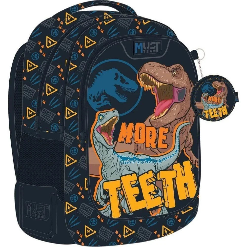 Kids school backpack with dinosaur graphic, front pocket, and zip closure