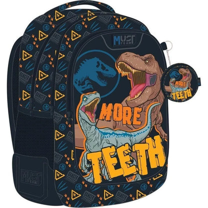Kids school backpack with dinosaur graphic, front pocket, and zip closure