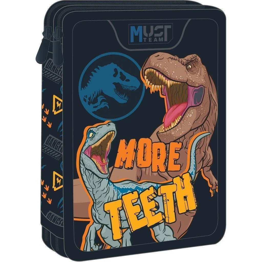 Double-decker pencil case with dinosaur graphic front, dark navy, and zipper closure
